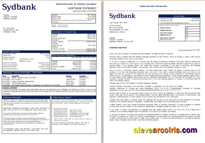 Denmark Sydbank bank mortgage statement, 3 pages, 1-2